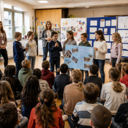 KI-generierte Illustration: Schülerinnen, Schüler und Lehrkräfte präsentieren ein internationales Schulpartnerschaftsprojekt