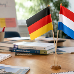 KI-generierte Illustration: eine deutsche und eine niederländische Flagge stehen auf einem Konferenztisch, dazu Material für eine Fortbildung