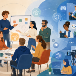 Ki-generierte Illustration zur Konferenz; Darstellung junger Menschen im Austausch vor Ort und digital bei einer internationalen Begegnung