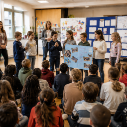 Schülerinnen, Schüler und Lehrkräfte präsentieren ein internationales Schulpartnerschaftsprojekt