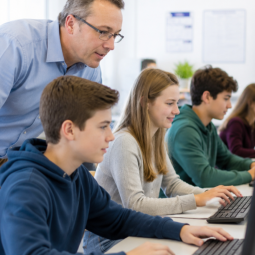 KI-generierte Illustration: Lehrer und Schüler arbeiten in der Schule am Computer