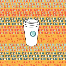 Zeichnung mit einem Mosaik aus Logos des DGJW-EGIN und einem Kaffebecher To go