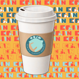 Zeichnung mit einem Mosaik aus Logos des DGJW-EGIN und einem Kaffebecher To go